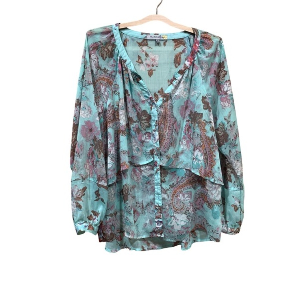 Figueroa & Flower Blouse Womens XL Teal Floral Sheer Button Front Paisley